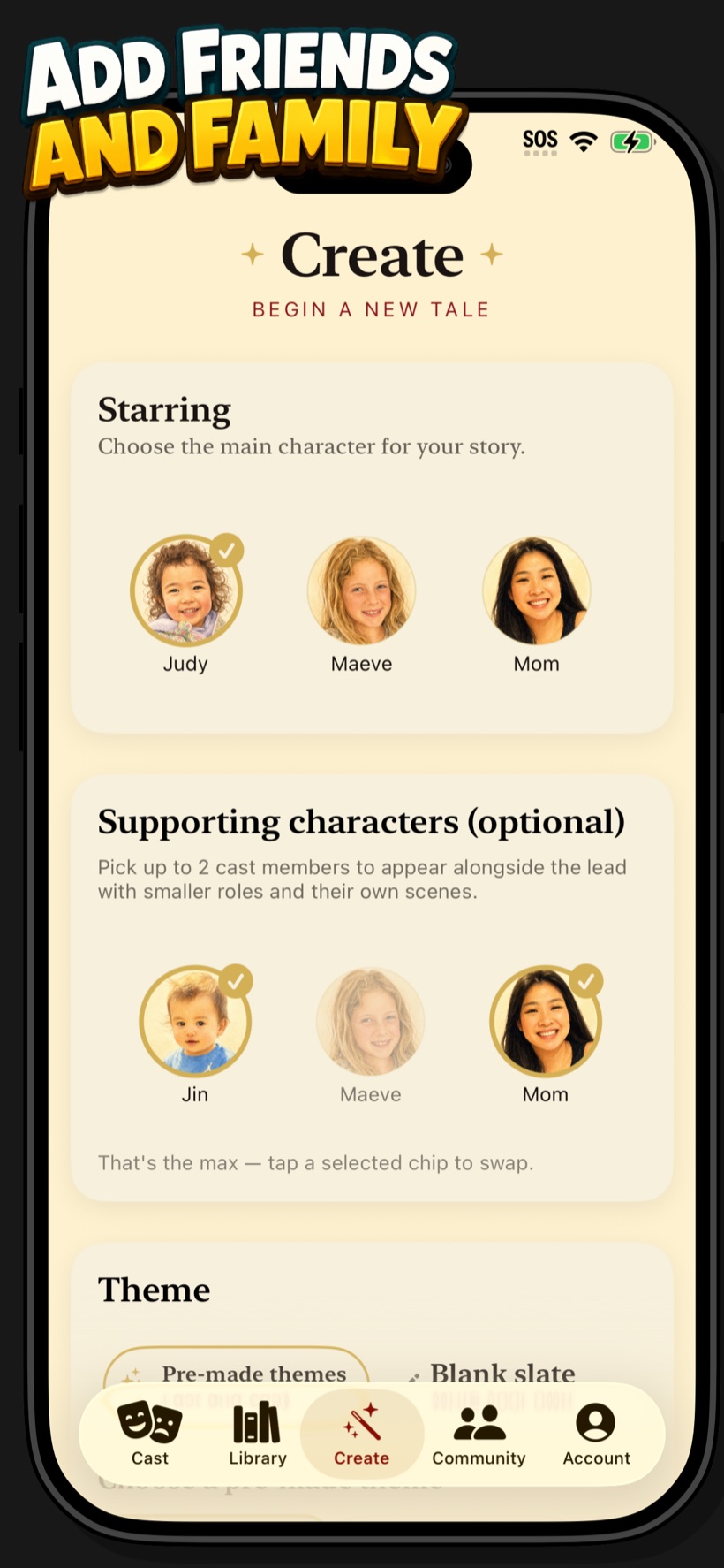 The Create screen showing cast members being chosen as the lead and supporting characters.
