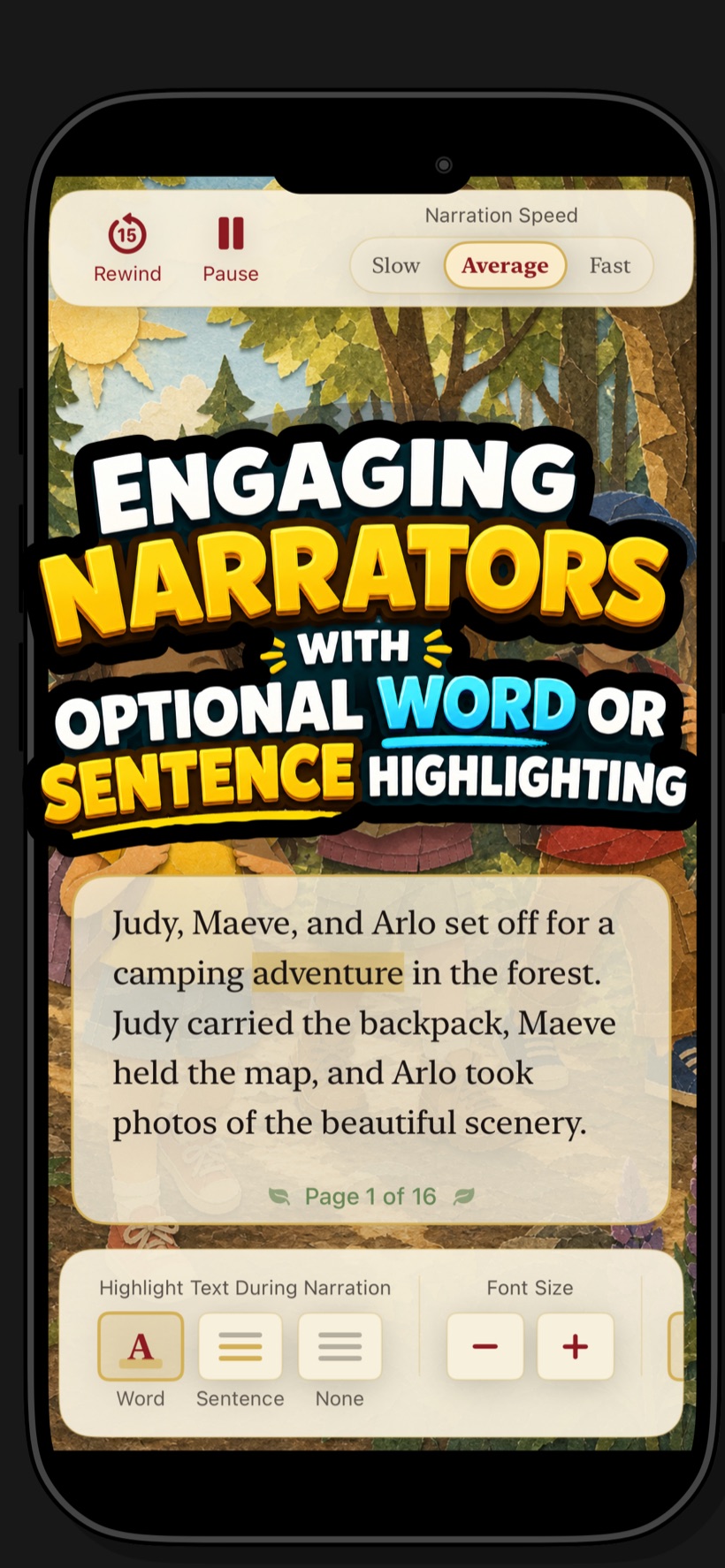 The reader view with narration controls and word highlighting during read-aloud.