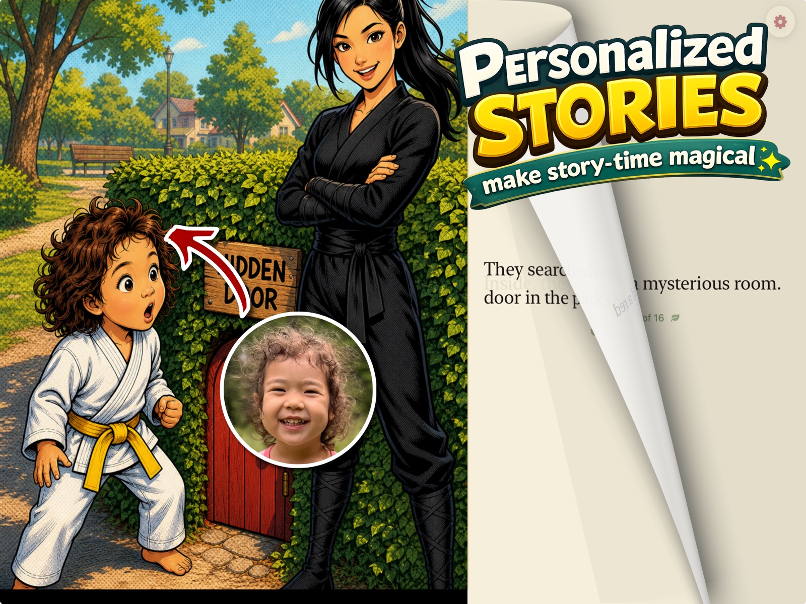 StoryKrafters Digital shown on iPad, with a full-page illustrated story and a photo of the child as the hero.