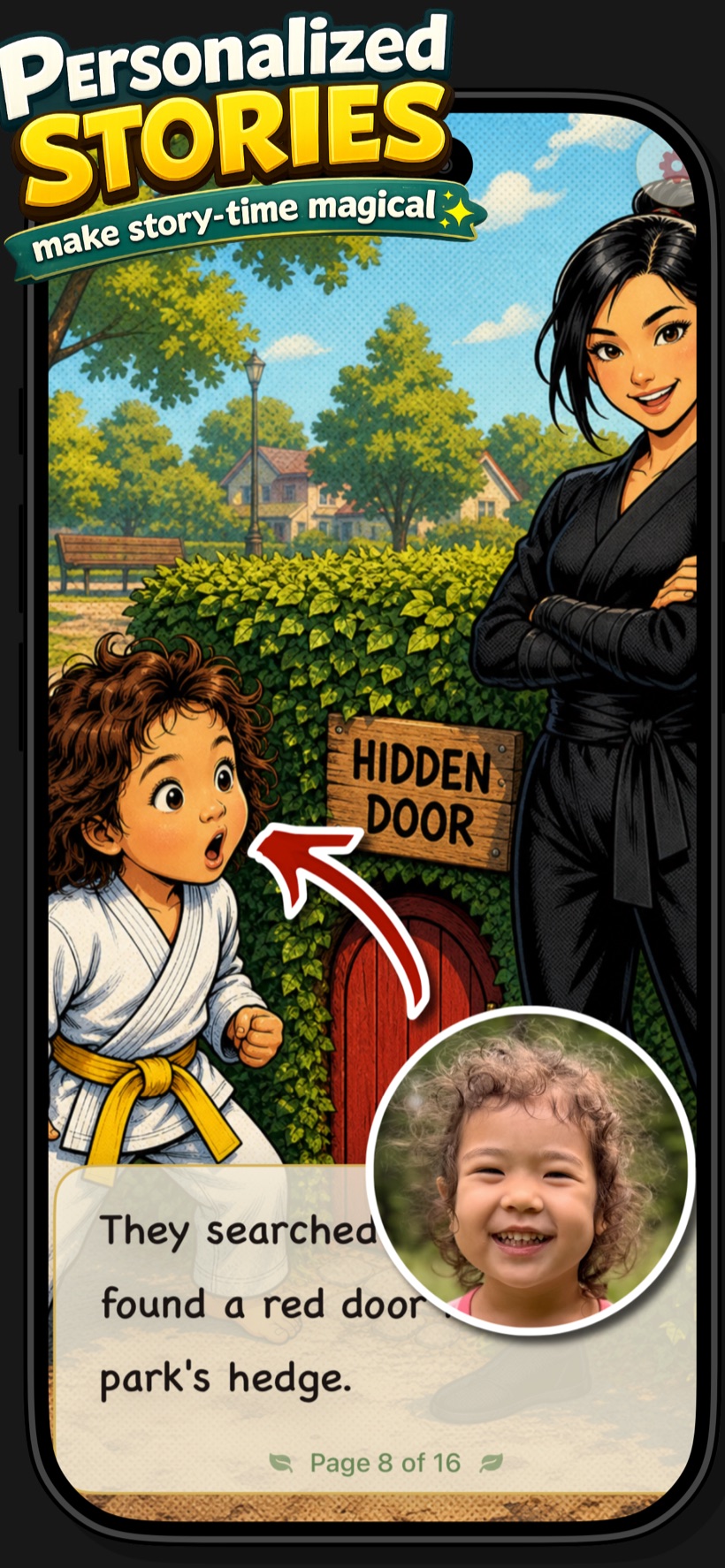 A StoryKrafters Digital picture book on iPhone, showing a child as the hero of an illustrated adventure.