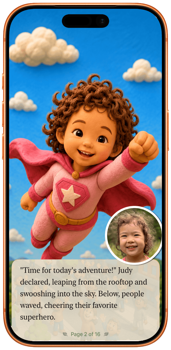 Phone showing a StoryKrafters story: an illustrated kid as a superhero, plus a circular photo of the real child